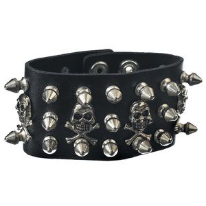 Leather Wrist Cuff Skull & Crossbones Studs Spikes